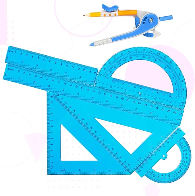 Zonon 1 Set Plastic Geometry Math Set 7 Pcs Includes 6'' / 4 '' Protractor, Drawing Compass, 45/60 Degree Triangle Rulers, 12'' / 6'' Math Ruler Transparent for Office Supplies(Blue)-DeskLoop Office
