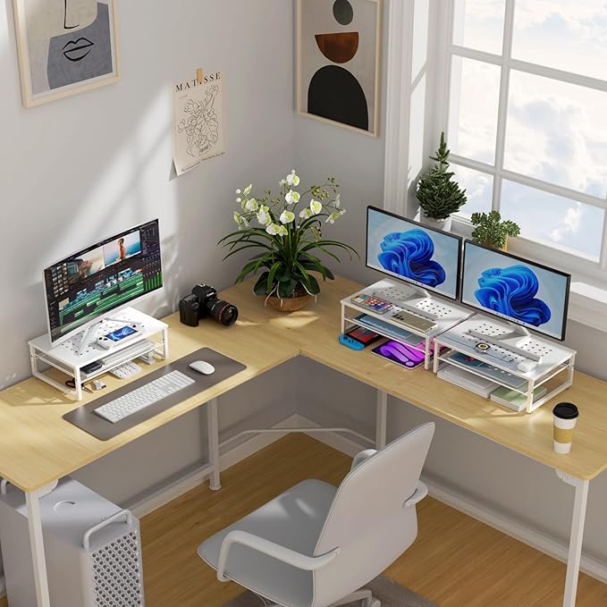 gianotter 2-Tier Metal Monitor Stand Riser, Desk Accessories & Workspace Desk Organizers, Office Desk Storage Organizer for Office Supplies (White)-DeskLoop Office