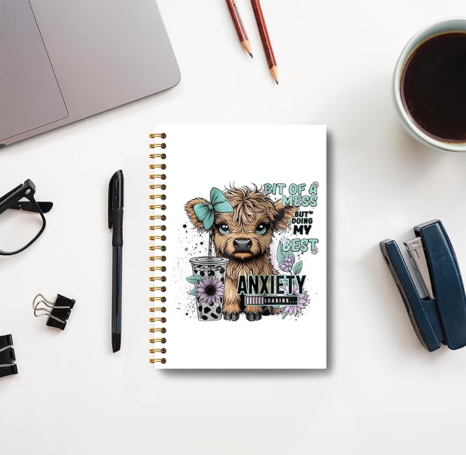 Bit of a Mess Anxiety Funny Highland Cow Notebook - Western Cow Notebook, Highland Cow Office Supplies, Highland Cow Gifts, Cow Lover Gifts, Cute Cow Stuff, Cow Spiral Notebook 5.5x8.3-DeskLoop Office