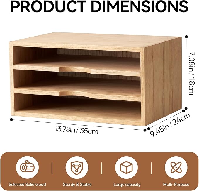 KIRIGEN Wooden Desktop Organizer Paper Storage Letter Tray File Sorter - Desk Rack Magazine File Dividers Holders for Home Office Accessories Wood Desk Cabinet with 3 Layer Trays Natural(3KWJG-NA)-DeskLoop Office