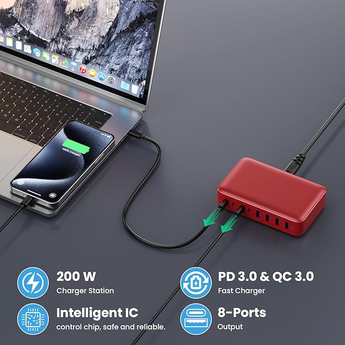 USB C Charger 200W USB C Charger Block,Upgraded GaN III 8-Port Fast Charging Station Hub,PD 65W Laptop Charging Adapter Compatible with MacBook Pro/Air,DELL,Steam Deck,iPhone 16/15/14,Galaxy S23/22-DeskLoop Office