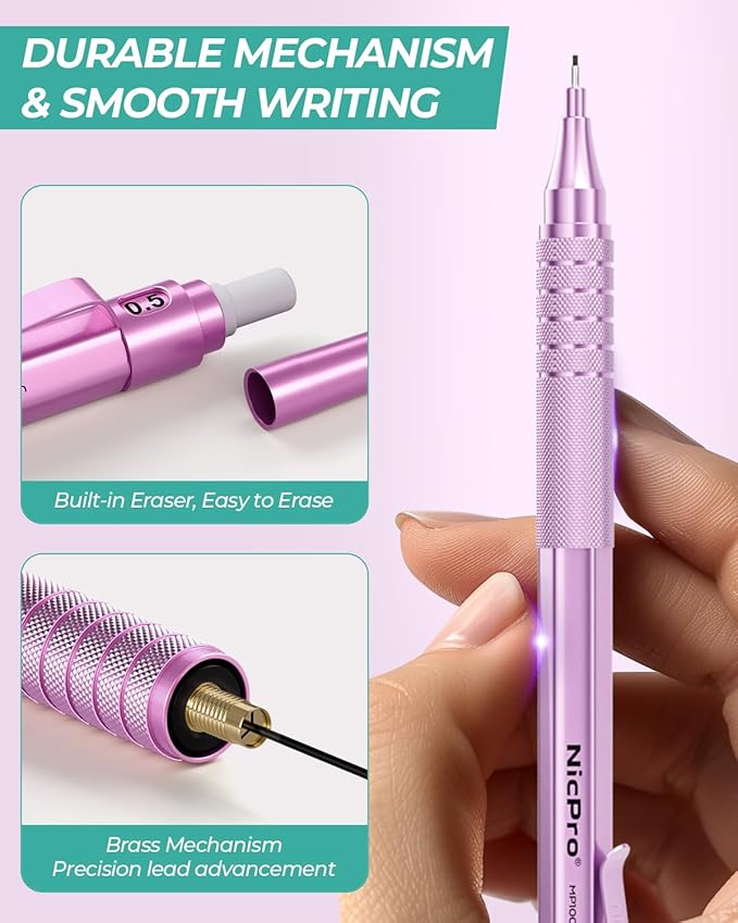 Nicpro 0.5 mm Metal Mechanical Pencil Set, 3PCS MP1000 Artist Lead Pencils With 480PCS HB 2B Lead Refills, Erasers, Aesthetic School Supplies for Girls & Women Teacher Writing Drawing Sketching-DeskLoop Office