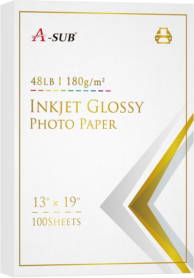 A-SUB Inkjet Glossy Photo Paper 13X19 Inches 48lb 180gsm Professional Glossy Photographic Paper for Inkjet Printers Dye Ink 100 Sheets-DeskLoop Office