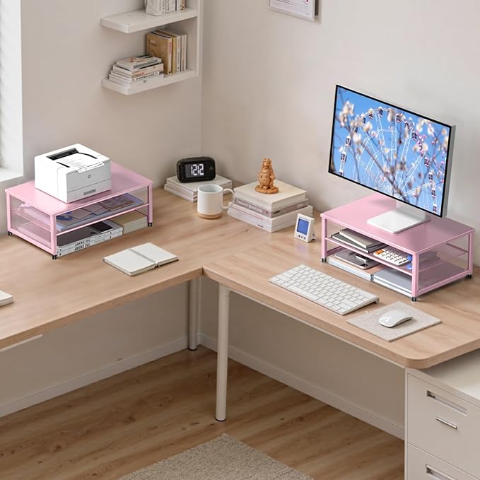 Computer Monitor Stand Riser, Desk Organizers and Accessories, Printer & Laptop Stand, Office Desk Accessories & Desktop Workspace Organizers for Office Supplies (Pink)-DeskLoop Office