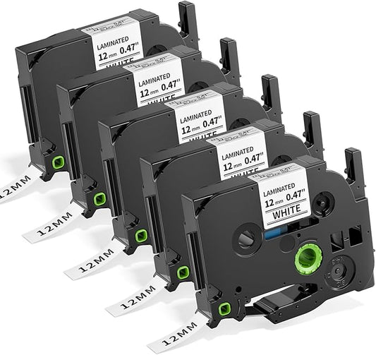 Replacement for Brother Ptouch Label Tape TZe-231 12mm 0.47" Laminated White Tape TZe231 Compatible with P Touch Label Maker Refills PT-D210 D220 1880 1890, 1/2 Inch TZ Black on White, 5-Pack-DeskLoop Office