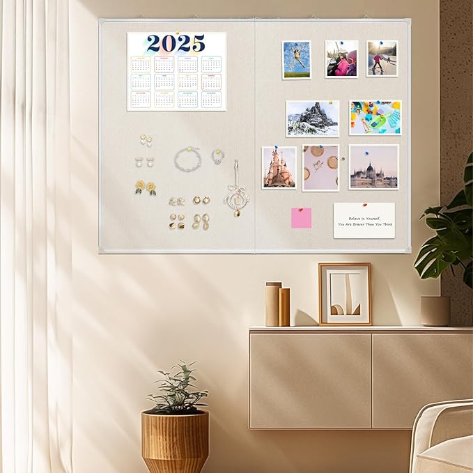 Double-Sided Large Cork Board with Linen, 48" x 36" Foldable Hanging Aluminum Framed Bulletin Board, Vision Board Pin Board Corkboards for Walls, Office, School Decor, 20 Pushpins-DeskLoop Office
