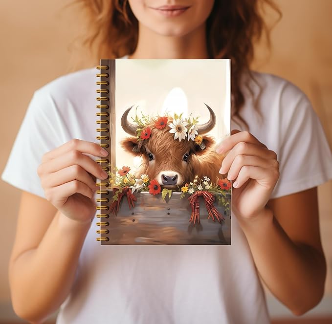 Floral Highland Cow Notebook - Western Cow Notebook, Highland Cow Office Supplies, Highland Cow Gifts, Cow Lover Gifts, Cute Cow Stuff, Farmhouse Highland Cow Spiral Notebook 5.5x8.3-DeskLoop Office