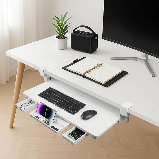 Keyboard Tray Under Desk with Drawer,26.77" X 11.81"Large Size Keyboard Tray with C Clamp-on Mount, Easy to Install, for Home Office (White)-DeskLoop Office