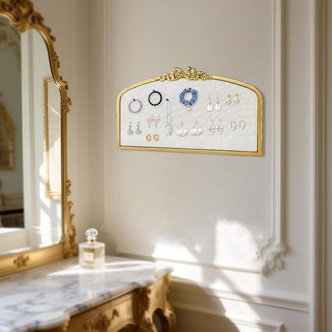 Vintage Arched Linen Cork Board with Gold Bowknot – Decorative Bulletin Board for Walls, Iron Frame Pin Board for Notes, Photos & Reminders, Elegant Vision Board for Home & Office 24"x 15"-DeskLoop Office