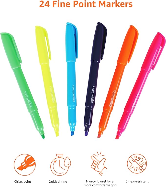 Amazon Basics Highlighters, Fluorescent Ink, Chisel Tip, School Supplies, 24 Pack, Multicolor-DeskLoop Office