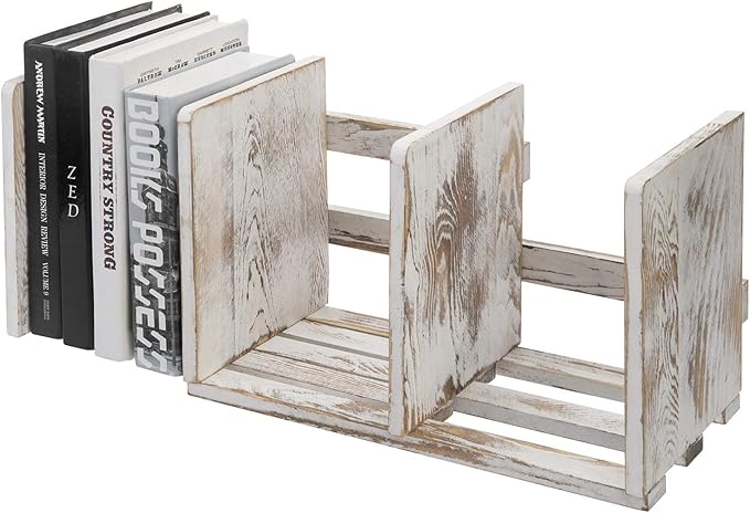 MyGift Rustic Expandable Whitewashed Wood Desktop Bookshelf/Adjustable Tabletop Book Holder Organizer Rack-DeskLoop Office