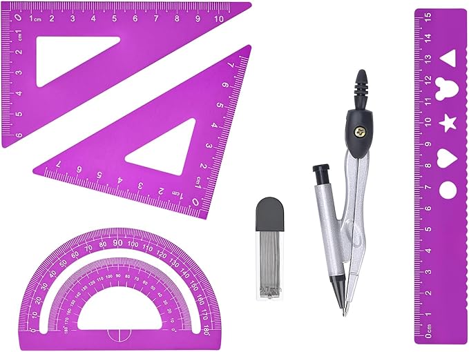 6 Pcs Metal Geometry Set, Math Geometry Kit, Metal Ruler Set and Compass Geometry Tool, Rulers Protractor and Compass Set for Student School and Drawings Supplies (Purple)-DeskLoop Office