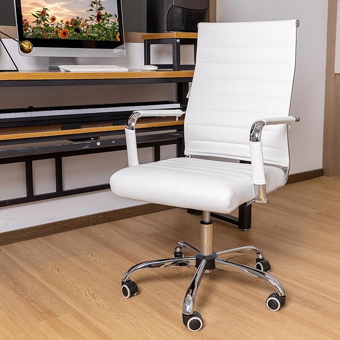 Home Office Chair Ribbed, Modern Leather Conference Room Chairs, Ergonomic Office Desk Chair, High Back Executive Computer Chair, Adjustable Swivel Chair with Arms (White)-DeskLoop Office