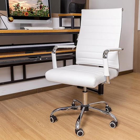 Home Office Chair Ribbed, Modern Leather Conference Room Chairs, Ergonomic Office Desk Chair, High Back Executive Computer Chair, Adjustable Swivel Chair with Arms (White)-DeskLoop Office