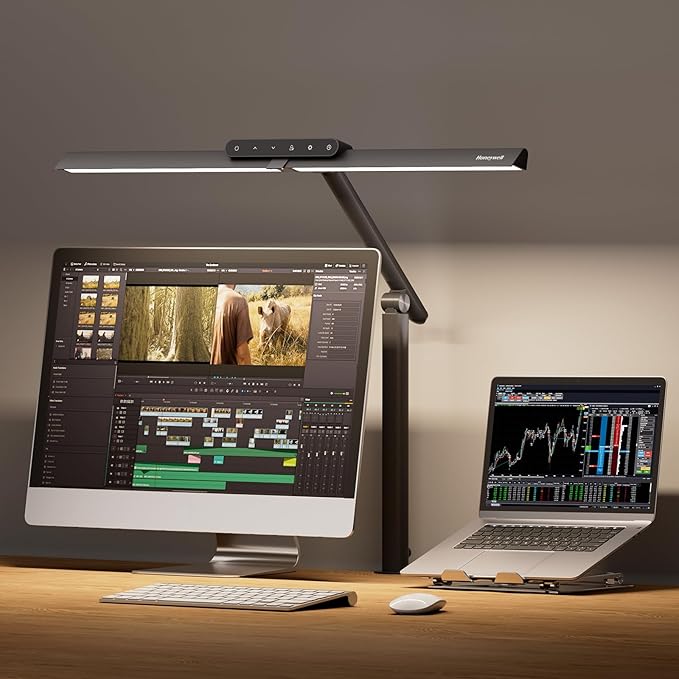 Honeywell LED Desk Lamp with Clamp - HJ1 Sunturalux Eye-Caring Clip on Lights for Home Office, 1200LM Clamp Lamp 4 Color Modes Stepless Dimming Task Desk Light for Working Black-DeskLoop Office