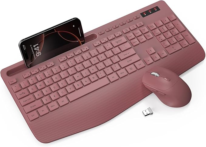 Wireless Keyboard and Mouse Combo - Full-Sized Ergonomic Keyboard with Wrist Rest, Phone Holder, Sleep Mode, Silent 2.4GHz Cordless Keyboard Mouse Combo for Computer, Laptop, PC, Mac, Windows-DeskLoop Office