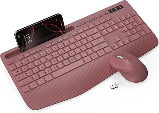 Wireless Keyboard and Mouse Combo - Full-Sized Ergonomic Keyboard with Wrist Rest, Phone Holder, Sleep Mode, Silent 2.4GHz Cordless Keyboard Mouse Combo for Computer, Laptop, PC, Mac, Windows-DeskLoop Office