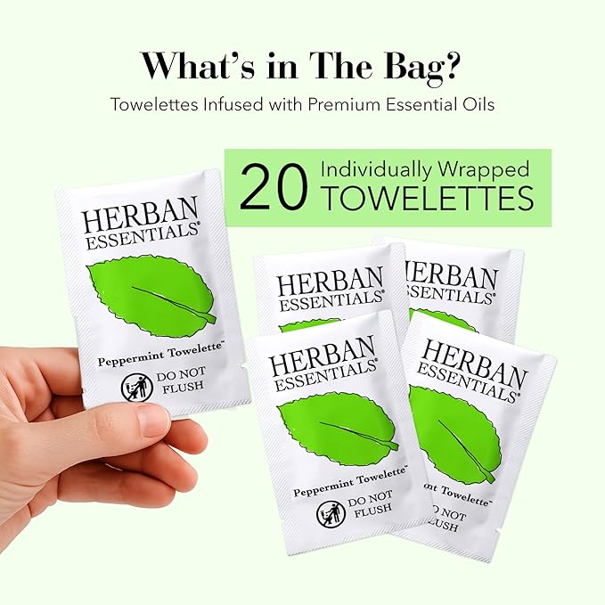 Herban Essentials - Peppermint Wipes & Towelettes - Essential Oil Wipes for Hands & Body - Travel Size Essentials and Toiletries - Natural, Individually Wrapped, Disposable & Moist Refresh (20 count)-DeskLoop Office