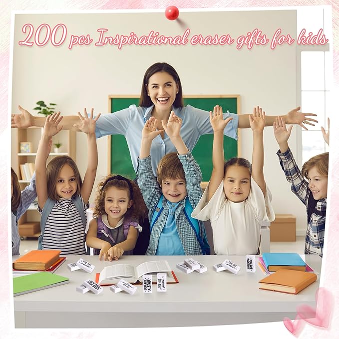 PerKoop 200 Pcs Back to School Inspirational Small Pencil Erasers Bulk for Kids, White Cute Fun Motivational Erasers Gifts for Teachers Students Classroom Reward First Day of School Supplies