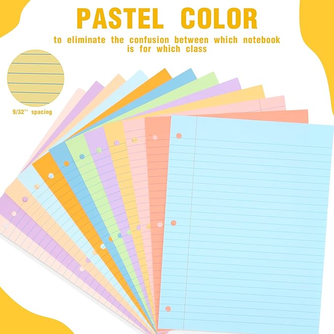 PerKoop 600 Sheets Colored Loose Leaf Paper 8.5" x 11" college ruled Lined 3 Hole Punched notebook Filler Paper for 3 Ring Binders Office School Supplies (Many Color)-DeskLoop Office