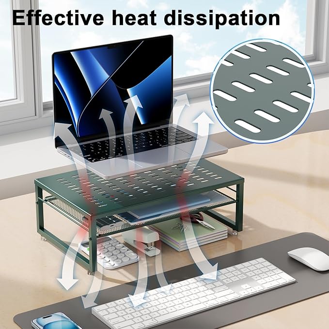 gianotter 2-Tier Metal Monitor Stand Riser, Desk Organizer for Monitor, Office Desk Storage Organizer for Office Supplies (Dark Green)-DeskLoop Office