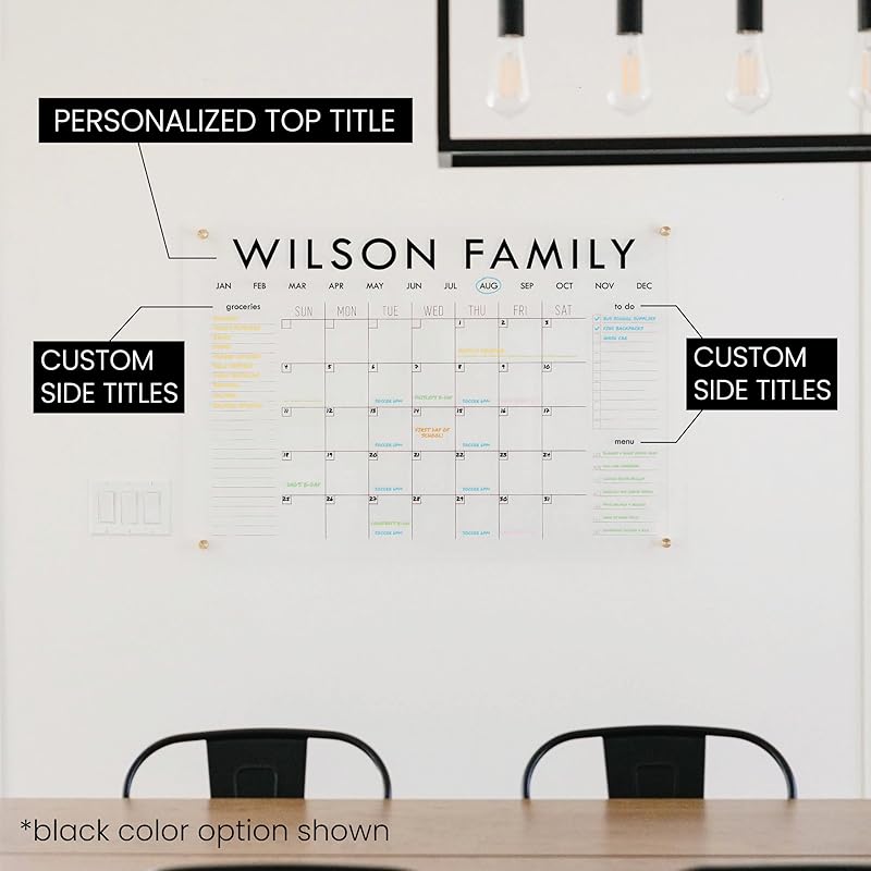 Personalized Clear Acrylic Calendar for Wall, Calendar Whiteboard for Wall, Dry Erase Wall Calendar, Wall Calendar Organizer System for Home (Block, Black, 38"W x 26"H)-DeskLoop Office