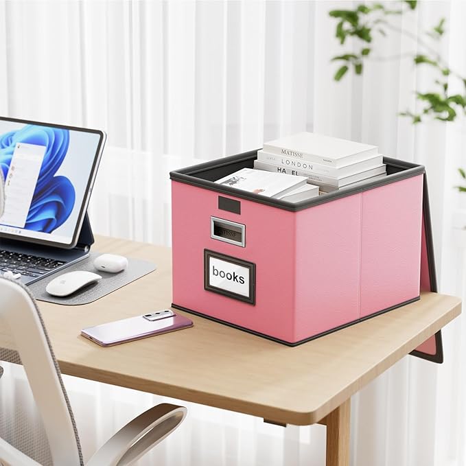 Huolewa File Organizer Box with Lid, Collapsible Leather File Folder Organizer for Office Document Storage, Filing Box with Plastic Slide for Letter/Legal Size Hanging Files, Pink-DeskLoop Office