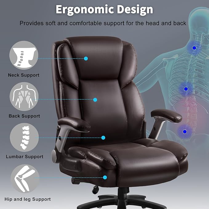 Big and Tall Office Chair 600lbs, Heavy Duty Executive Office Chair for Heavy People, Brown High Back Office Leather Ergonomic Chair with Adjustable Armrests and Lumbar Support for Computer Desk Chair-DeskLoop Office