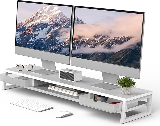 Fenge Dual Monitor Stand, Monitor Riser with Drawer, 42.5 Inch Large Computer Monitor Stand for 2 Monitors, 2 Tier Wooden Desk Shelf for Top of Desk-DeskLoop Office