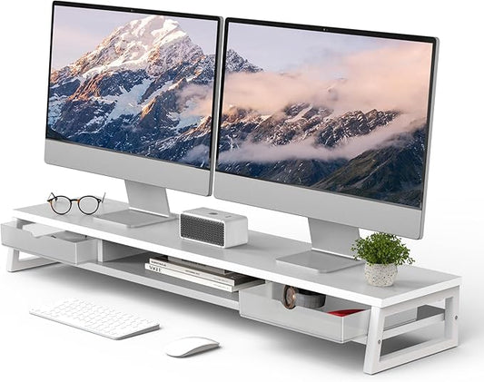 Fenge Dual Monitor Stand, Monitor Riser with Drawer, 42.5 Inch Large Computer Monitor Stand for 2 Monitors, 2 Tier Wooden Desk Shelf for Top of Desk-DeskLoop Office