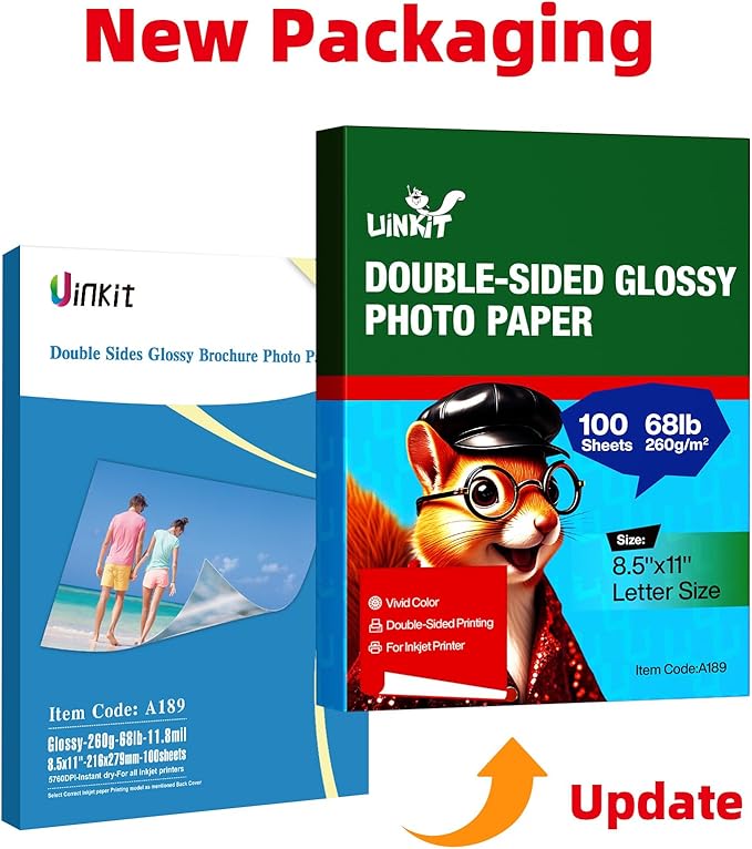 Uinkit Thick Photo Paper Glossy Double Sided 100 Sheets 8.5x11 Heavyweight 68lb 260gsm Inkjet Both Sides Printable 11.8mil A4 Letter size Flyer Bulk Pack 8.5 x 11 Card paper postcard postal A189-DeskLoop Office
