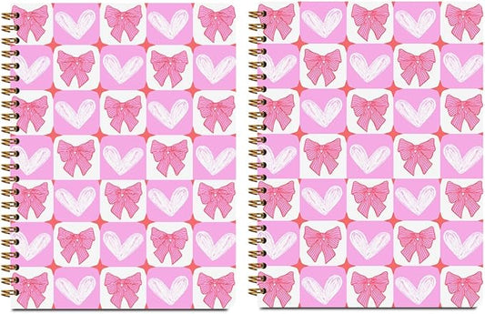 2Pcs Spiral Notebook, Pink Bow Heart College Ruled Spiral Notebook, 160 Pages Hardcover Notebooks Journals for Writing Travel Business Office, Cute Pink Aesthetic Notebooks for Women-DeskLoop Office