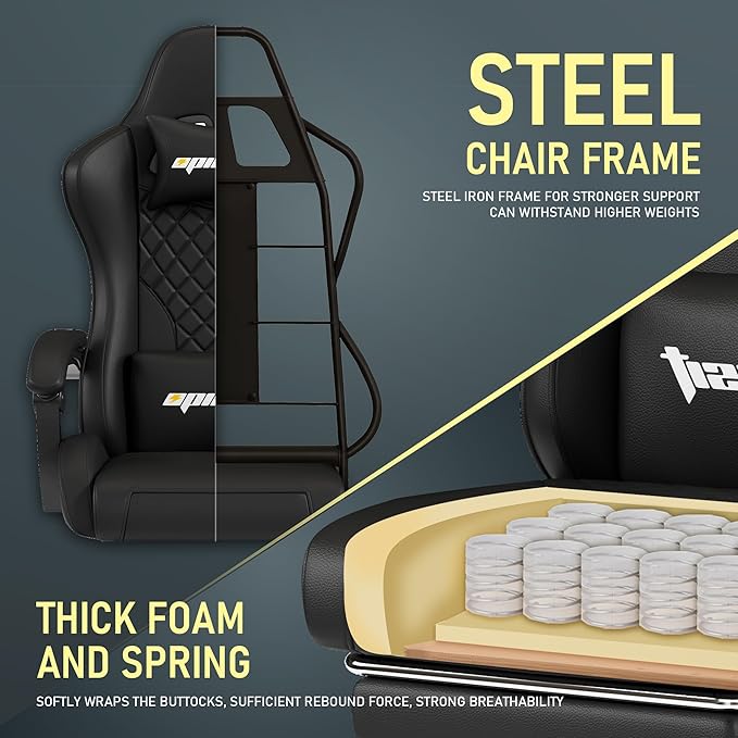 Gaming Chair,Ergonomic Computer Chairs for Adults with Footrest, PU Leather Office Chair with Adjustable Lumbar Support & Pocket Spring Cushion - Heavy Duty 400lb Capacity Gamer Chair(Black)-DeskLoop Office