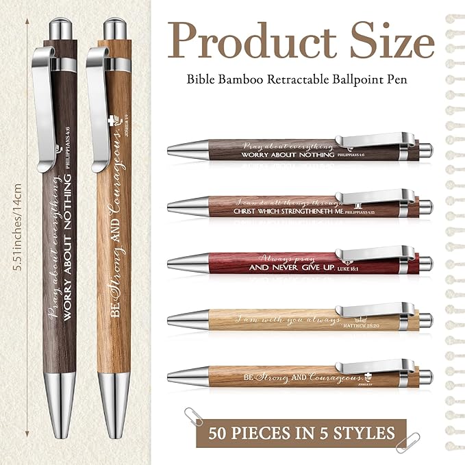 50 Pack Bible Verse Bamboo Retractable Ballpoint Pens Christian Inspirational Bible Verse Ballpoint with Black Ink Pen for Journal Writing Office Supplies Religious Gifts for Men Women(Wood Color)-DeskLoop Office