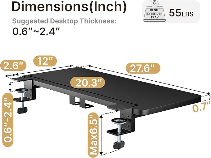 Desk Extender Tray, 28" x 12" Clamp On Desk Shelf, Desk Extension with Laptop Holder, Table Desk Arm Rest, Clamp On Keyboard Tray for Office and Home, Workstation Organizer, Large, Black-DeskLoop Office