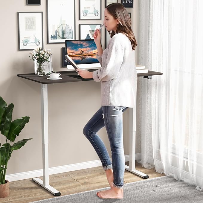 GOFLAME Height Adjustable Electric Standing Desk, 55 x 28 Inch Sit Stand Up Electric Desk with Headphone Hook, Ergonomic Standing Workstation, Electric Standing Desk with Metal Frame, Dark Grey-DeskLoop Office