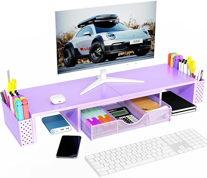 Spacrea Metal Desk Organizers and Accessories, Dual Monitor Stand Riser with Drawer and 2 Pen Holders, Desk Accessories & Workspace Desktop Organizers for Office Supplies (Purple)-DeskLoop Office