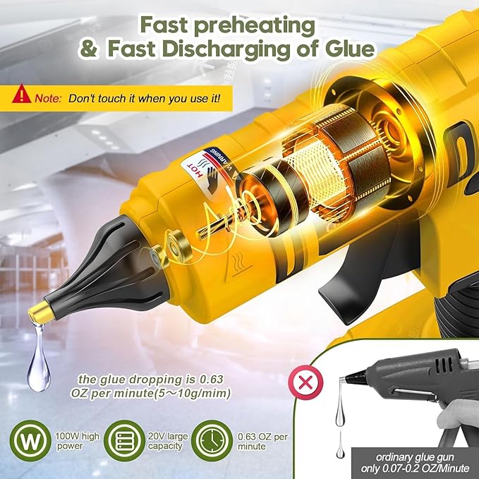 100W Cordless Hot Glue Gun for DeWalt 20V Battery(NO Battery), Full Size Hot Glue Gun Cordless & Rechargeable, Wireless Hot Glue Gun Kit with 12pcs 0.43'' Large Hot Glue Gun Stick Set for Craft & DIY