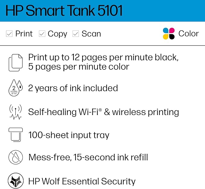 HP Smart Tank 5101 Wireless All-in-One Ink Tank Printer with up to 2 years of ink included (1F3Y0A)-DeskLoop Office
