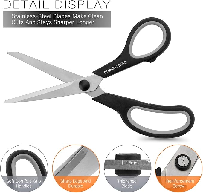 Scissors 8" Multipurpose Titanium Coated Sturdy Sharp Scissors Right/Left Handed Comfort-Grip Handles for Office Home School Sewing Fabric Craft Supplies Black-DeskLoop Office