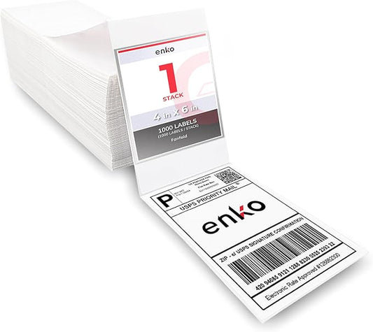 enKo 4x6 Thermal Fan Fold Labels Compatible for Rollo Printer - 1 Stack of 1000 4x6 Label Zebra Printer - Mailing Postal Label Paper, Perforated, Permanent Adhesive (2 Labels/Fold)-DeskLoop Office