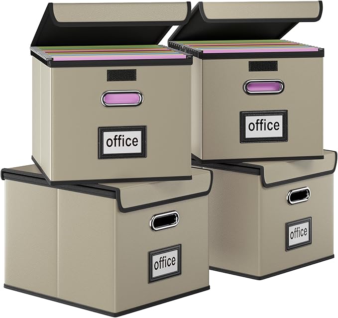 Huolewa Portable Leather File Organizer Boxes with Lids, Office Document Boxes Organizer, Filing Boxes, Decorative Small File Boxes for Hanging Files with Plastic Slide for Office/Decor/Home-DeskLoop Office