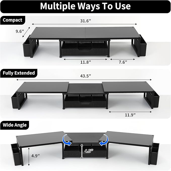 Desk Dual Monitor Stand Riser - Desk Organizer with Drawer and Pen Holders, Office Desk Accessories & Workspace Organization, Computer Monitor Stand for Laptop, Printer, TV(BLACK)-DeskLoop Office