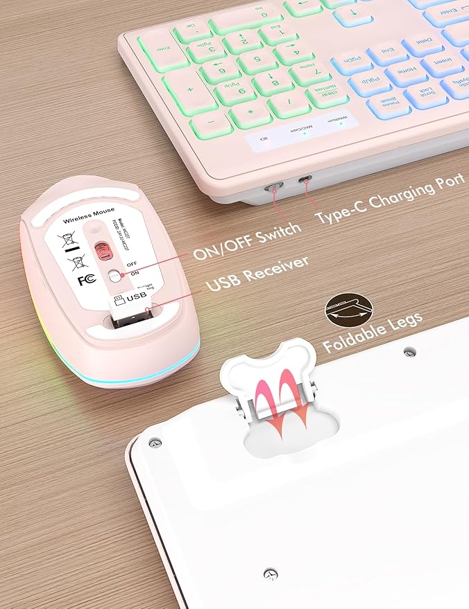 Wireless Keyboard and Mouse Combo - RGB Backlit, Rechargeable & Light Up Letters, Full-Size, Ergonomic Tilt Angle, Sleep Mode, 2.4GHz Quiet Keyboard Mouse for Mac, Windows, Laptop, PC, Trueque, Pink-DeskLoop Office