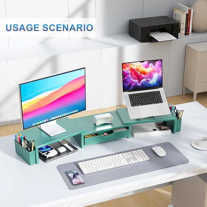 gianotter Dual Monitor Stand Riser, Desk Organizer With Drawer and 2 Pen Holders, Monitor Stand for Desk, Office Decor Essentials (Green)-DeskLoop Office