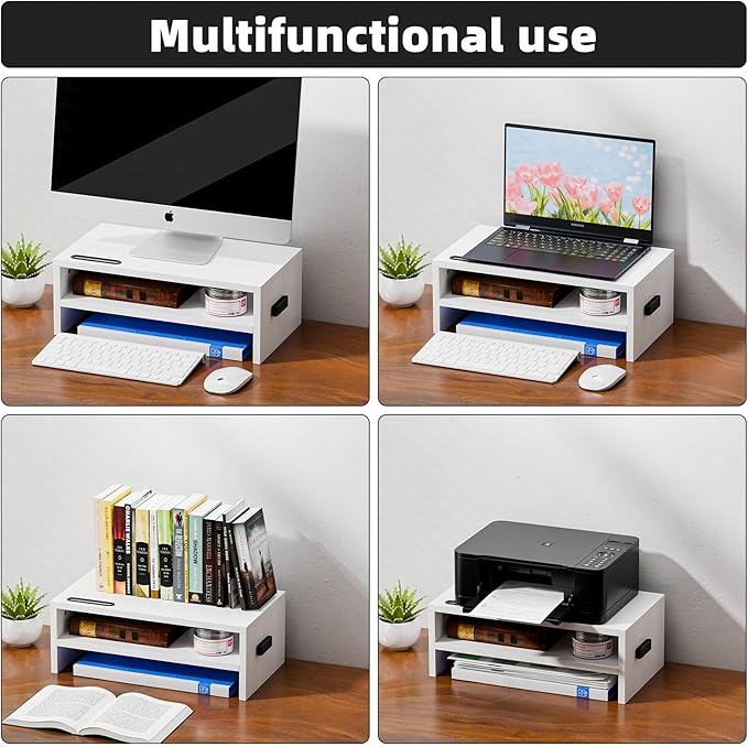 Marbrasse Monitor Stand Riser, 16.5 Inch 2 Tier Computer Printer Shelf Stand for Laptop Computer Screen Storage, Desktop Stand with Phone Holder and Cable Management (White)-DeskLoop Office