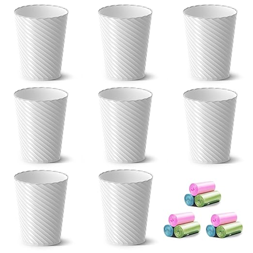 Bathroom Trash Can, 8 Pack 1.8 Gallons Small Trash Can with Trash Bags, Bathroom Garbage Can, Plastic Trash Bin, Round Waste Basket for Bedroom, Office, Kitchen, Room, Compact Space (White)-DeskLoop Office