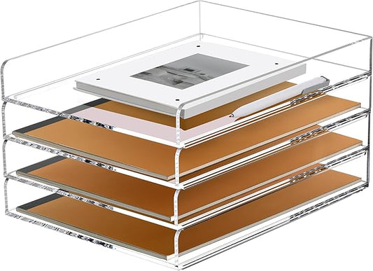SANRUI 4 Tier Stackable Paper Letter Tray, Acrylic Vertical File Tray A4 Desk Organizer and Accessories Sorter Trays, Clear Workspace Office Supplies Organizers,12inx9.25inx6.6in-DeskLoop Office