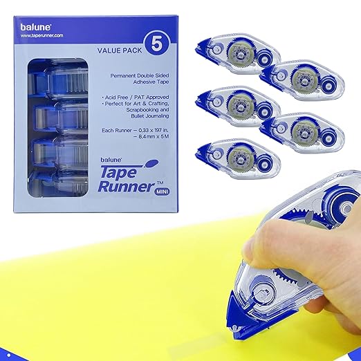 TAPE RUNNER - Double Sided Adhesive with Dispenser Roller Included - Acid Free, Sticky, Clear & Transparent - Ideal for Scrapbooking, Crafts & More - Mini (197 inches per Cartridge), 5 Cartridges-DeskLoop Office