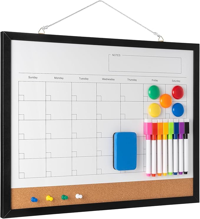 Dry Erase Calendar Whiteboard, 17" x 13" Magnetic Whiteboard Cork Board Combo, Reusable Monthly Planner with 8 Markers, Eraser, Magnets and Pushpins, Hanging Dry Erase Board for Home, School - Black-DeskLoop Office